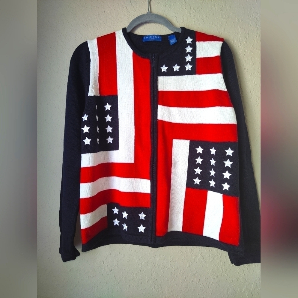 Karen Scott Sports 90s American Flag Navy Blue Zip up Size M